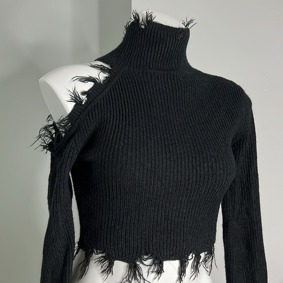 Signature Sweaters - Signature Black Distressed Gothic Crop Sweater